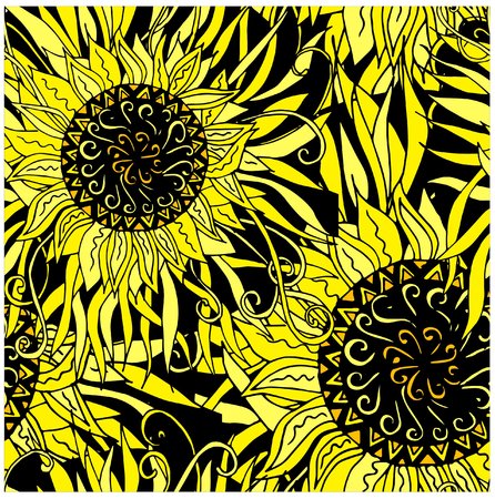 Seamles pattern hand drawn vector black and yellow mandala, doodle style design element, ethnic amulet for print, for webのイラスト素材