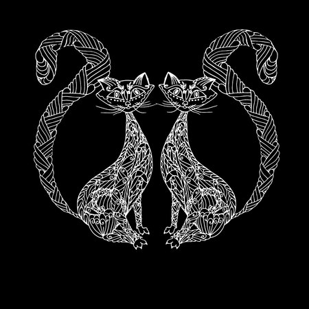 Hand drawn monochrome  two cats for T-shirt print stock vector illustrationのイラスト素材