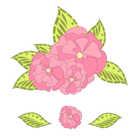 Pink flower of sakura, green leaves on white. Clip art stock vector illustration design element for web, for printのイラスト素材