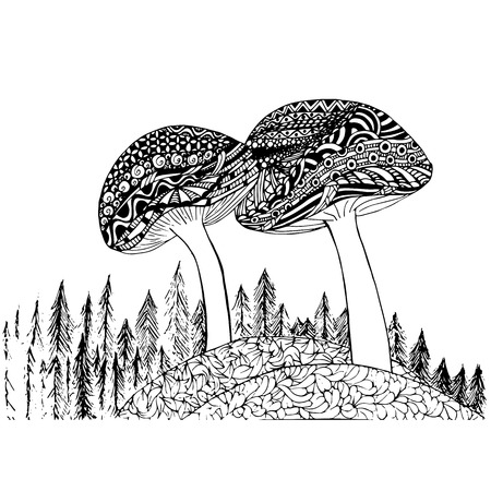 Mushrooms black and white sketch, coloring page anti stress stock vector illustration for printのイラスト素材