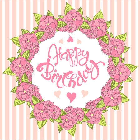 Typography banner lettering Happy Birthday. Pink wreath, green leaves and on a striped background, sakura flowers. Vector, object isolated, design elementのイラスト素材