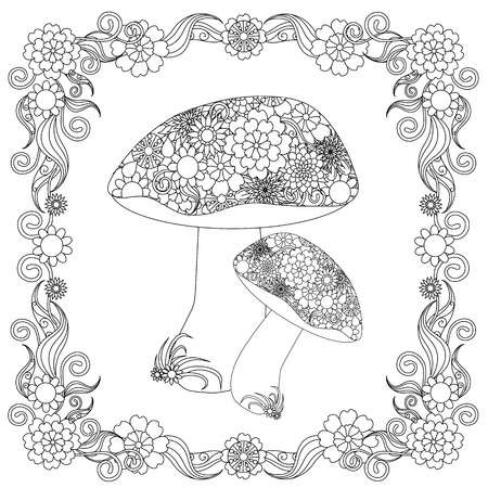 Doodle mushrooms in flower frame monochrome sketch, coloring page anti-stress stock vector illustration for print, coloring page.のイラスト素材