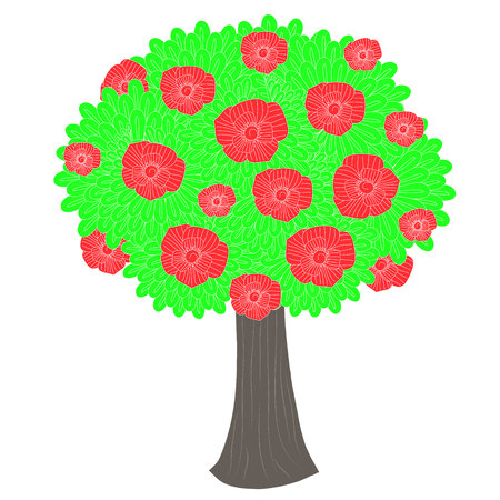 Green cartoons tree, red flowers, brown trunk on white stock vector illustration for web, for print.のイラスト素材