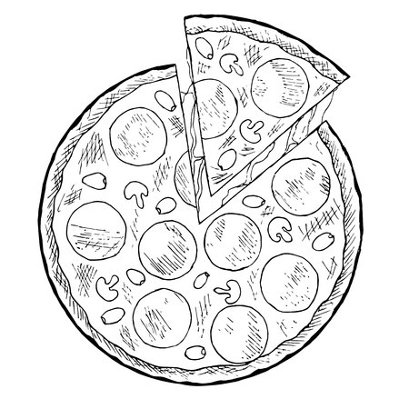 Ink sketch of pizza with sausage, mushrooms, olives on white. Monochrome stock vector illustrationのイラスト素材