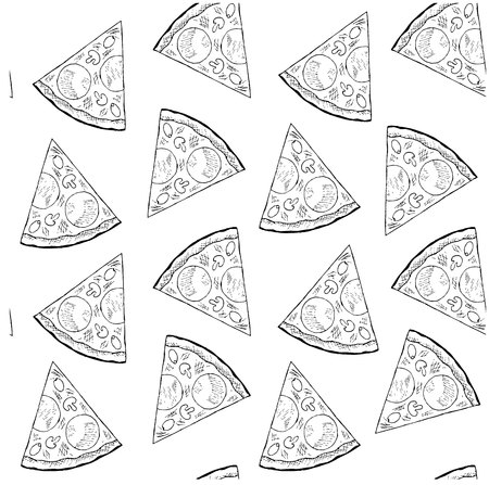 Seamless pattern ink sketch of pizza with sausage, mushrooms, olives on white. Monochrome stock vector illustrationのイラスト素材