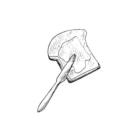Toast with butter and knife. Ink hand drawn monochrome sketch stock vector illustration, design element for web, for printのイラスト素材
