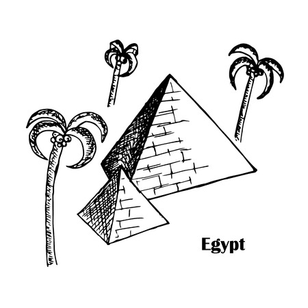 Egypt pyramids ink sketch with date palms. Monochrome stock vector illustration for web, for print clip art design elementのイラスト素材