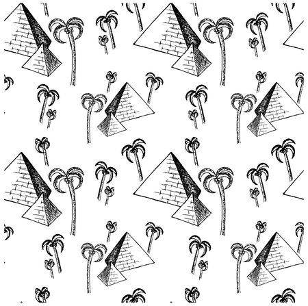 Seamless pattern egypt pyramids ink sketch, date palms. Monochrome stock vector illustration for web, for print, clip art design elementのイラスト素材