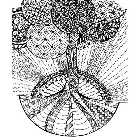 Background hand drawn zen tangle monochrome stylized tree, stock vector illustration for web, for print, for coloring page, for antistress pageのイラスト素材