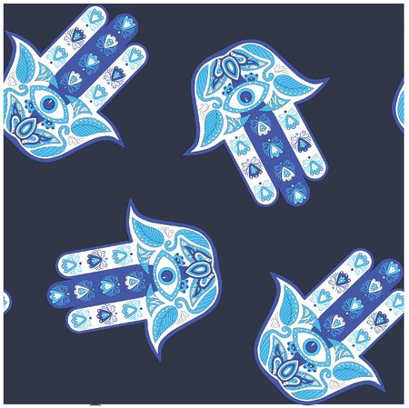 Seamless blue and white hamsa pattern on dark blue stock vector illustration design element for web, for printのイラスト素材