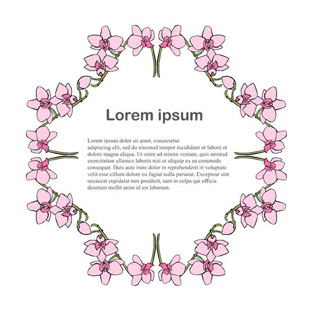 Rhombus pink orchid flowers background. Hand drawn ink stock vector illustrationのイラスト素材