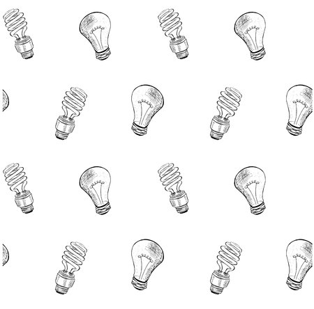 Seamless compact fluorescent light bulb and light bulb sketch pattern. Ink sketch bulb icon stock vector illustration design element for web, for printのイラスト素材