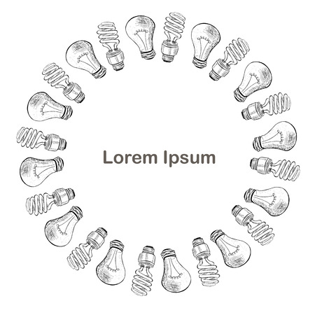 Round compact fluorescent light bulb and light bulb sketch background, Lorem ipsum. Ink sketch bulb stock vector illustration design element for web, for printのイラスト素材