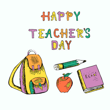 Typography banner lettering Happy teachers day. Violet, green, yellow, red backpack, apple, apple, pencil, bookのイラスト素材