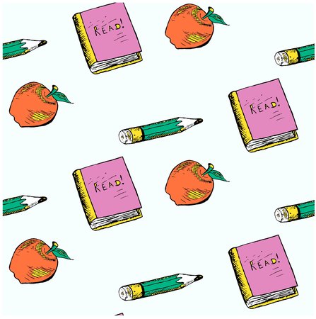 Seamless school objects background. Ink sketch, violet, green, red, yellow doodle apple, pencil, book on white, stock vector illustration design element for web, for printのイラスト素材