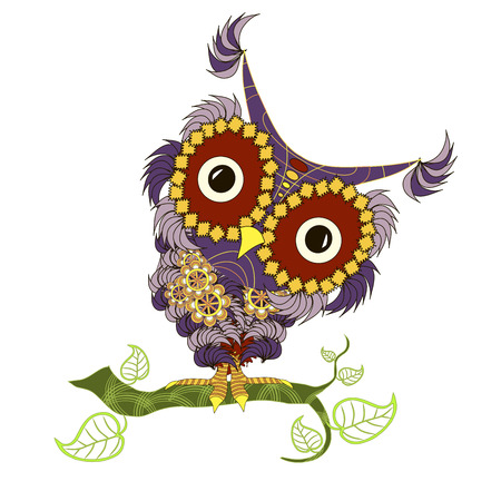 Hand drawn violet and yellow colorful cartoon owl on green branch for coloring page and print, stock vector illustrationのイラスト素材