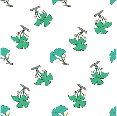Seamless pattern green line style ink sketch of ginkgo. Ginkgo biloba, natural hand drawn stock vector illustration for web and for printのイラスト素材