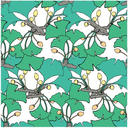 Seamless pattern green line style ink sketch of ginkgo. Ginkgo biloba, natural hand drawn stock vector illustration for web, for printのイラスト素材