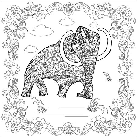 Monochrome sketch mammoth in floral frame, coloring page antistress stock vector illustration for print and for coloring page.のイラスト素材