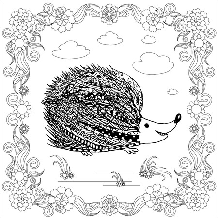 Zentangle style monochrome sketch hedgehog in floral frame, coloring page antistress stock vector illustration for print, for coloring pageのイラスト素材