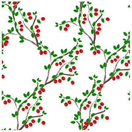 Seamless background flat design red cherry, green leafs on white stock vector illustrationのイラスト素材