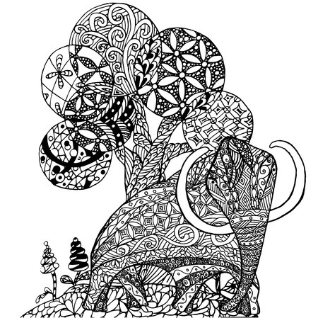 Zentangle style monochrome sketch mammut and tree, coloring page antistress stock vector illustration for print, for coloring pageのイラスト素材