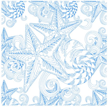 Hand drawn zentangle style shellfish, starfish seamless blue on white pattern for web, for print stock vector illustrationのイラスト素材