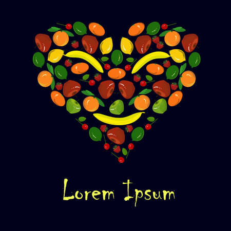 Heart silhouette from colorful painting fruits, Lorem ipsum on black, typography banner for web, for print, design element stock vector illustrationのイラスト素材