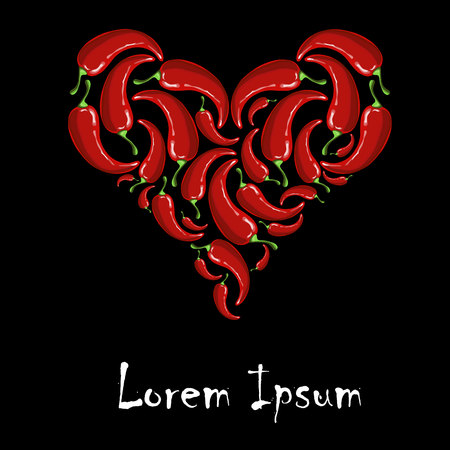 Heart silhouette from colorful painting red hot chili pepper, Lorem ipsum on black, typography banner for web, for print, design element stock vector illustrationのイラスト素材