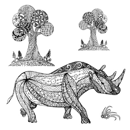 Zentangle style monochrome sketch rhinoceros, trees, coloring page antistress stock vector illustration for print, for coloring pageのイラスト素材