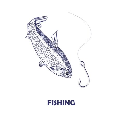 Hand drawn ink monochrome sketch of fish, hook Fishing stock vector illustration on white for web, for printのイラスト素材