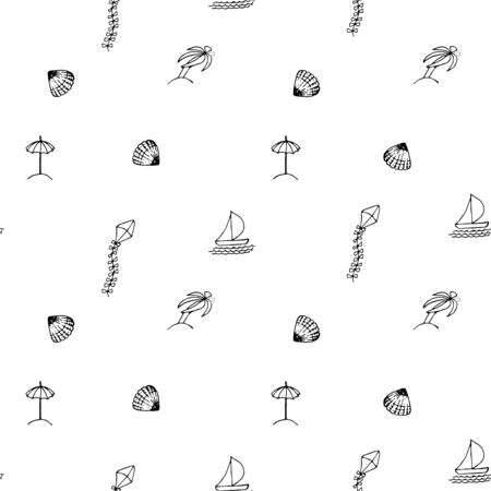 Ship, kite, palm, shell, kite seamless pattern hand drawn sketch. Monochrome sea design element stock vector illustration for web, for print, for textileのイラスト素材
