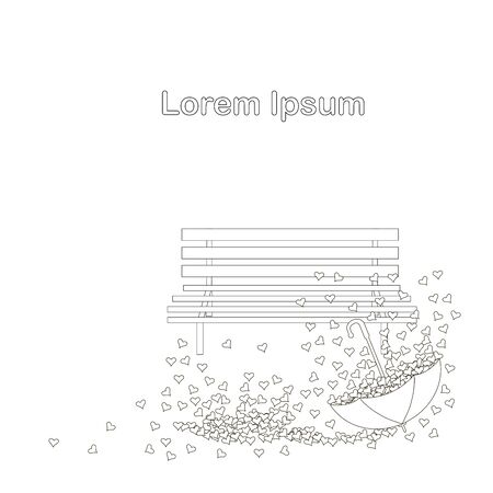 Umbrella, bench, hearts monochrome background, Lorem ipsum for web, for print, love conception, Saint Valentine dayのイラスト素材