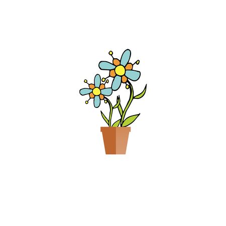 Icon blue and orange flowers in brown pot object isolated flat design stock vector illustration for web, for printのイラスト素材
