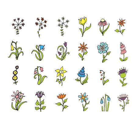 Floral doodle set hand drawn ink graphic colorful art design elements stock vector illustration for web, for printのイラスト素材