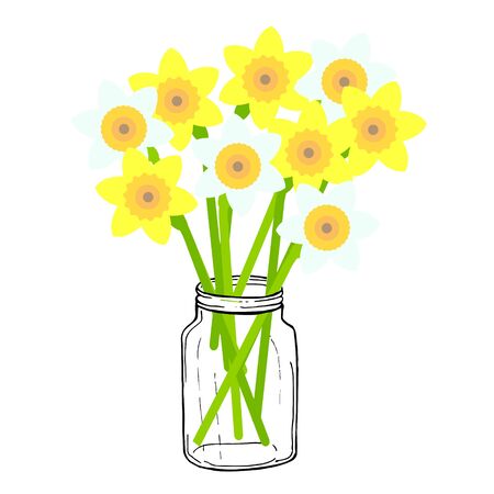 Yellow and white daffodils in jar. Art spring flowers design element object iolated for web, for printのイラスト素材