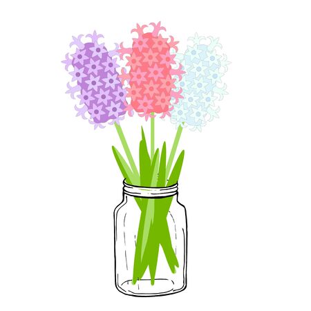 Pink, blue and violet hyacinth in jar. Art spring flowers design element object iolated for web, for printのイラスト素材