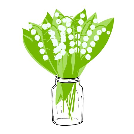 Lily of the valley in jar. Art spring white flowers design element object isolated stock vector illustration for web, for printのイラスト素材