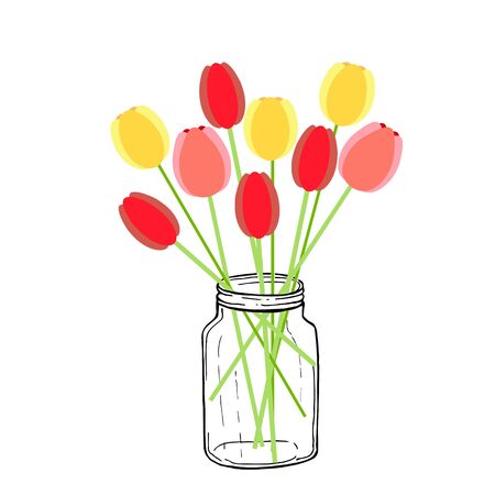 Yellow and red tulip in jar. Art spring flowers design element object iolated for web, for printのイラスト素材