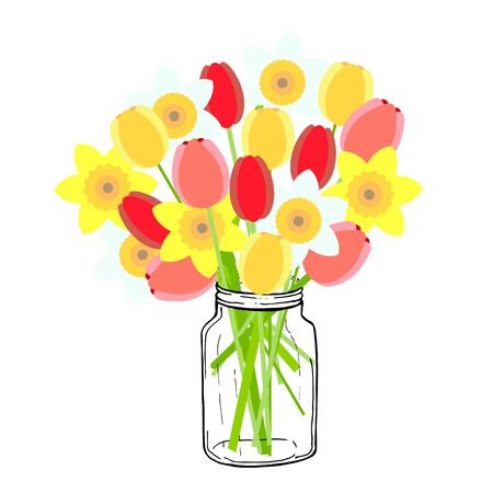 Tulip, deffodil bouket in jar. Art spring yellow, red, pink, white flowers design element stock vector object iolated for web, for printのイラスト素材