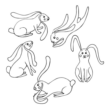 Hare hand drawn ink sketch set. Cute cartoons monochrome art design clip art elements stock vector illustration for web, for printのイラスト素材