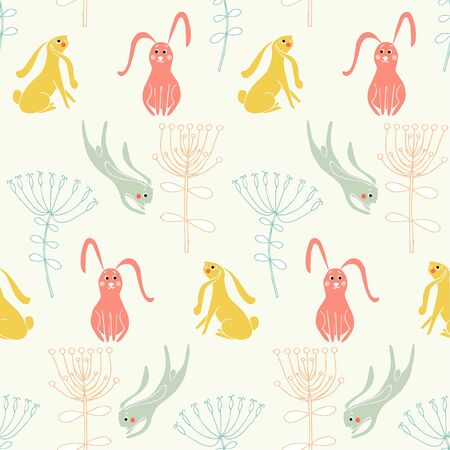 Cartoons hare seamless pattern. Funny pink, yellow bunny, flower on light gray, for web, for print, for coverのイラスト素材