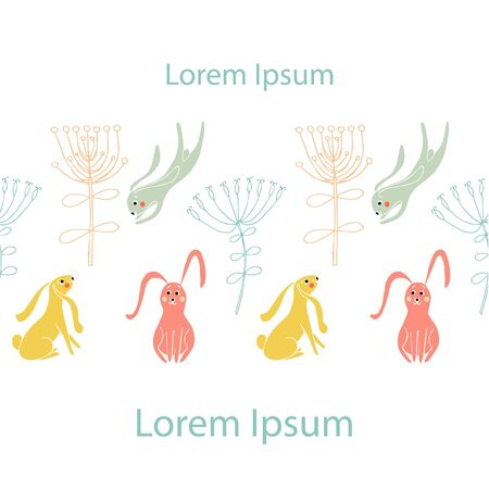 Cartoons hare seamless horizontal background. Funny pink, yellow bunny, flower on white, Lorem Ipsumのイラスト素材