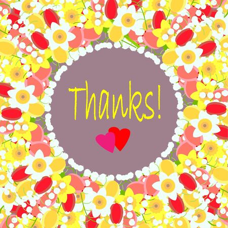 Thanks typography banneron on spring flowers bacground. Lily of the valley, tulip, daffodil in jar. Art spring red, pink, yellow white flowers design element stock vector illustration for web, for printのイラスト素材