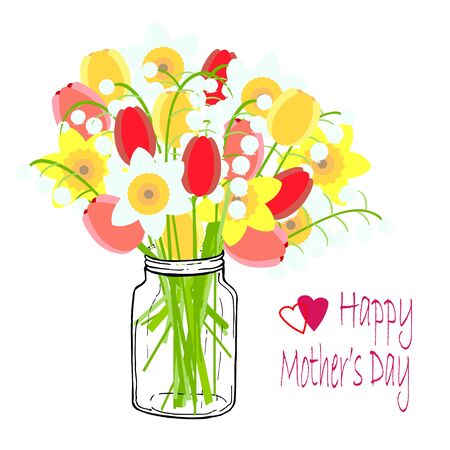 Happy Mathers Day typography banner. Lily of the valley, tulip, daffodil in jar. Art spring red, pink, yellow white flowers design element object isolated, stock vector illustration for web, for prinのイラスト素材