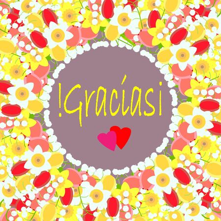 Gracias typography banneron flowers frame on violet bacground. Lily of the valley, tulip, daffodil in jar. Art spring red, pink, yellow white flowers design element object isolated, stock vector illustration for web, for prinのイラスト素材