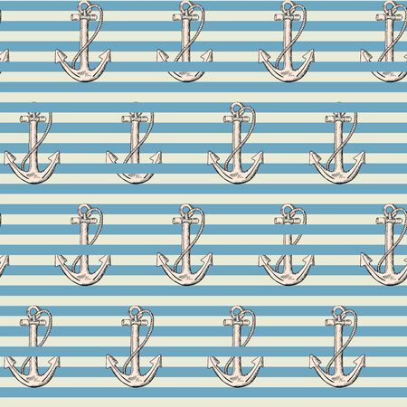 Anchor on blue stripes background seamless sailor pattern. Art design elements stock vector illustration for web, for print, for fabric print, for coverのイラスト素材