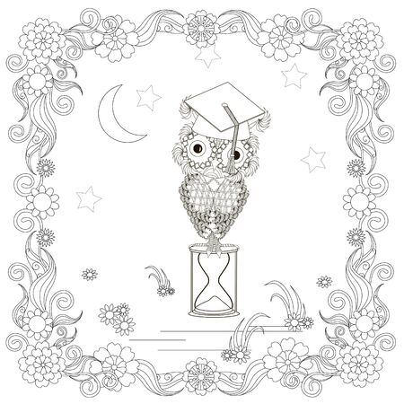 Owl in flowers frame, moon, star. Cartoons bird monochrome art design element for coloring book, coloring pageのイラスト素材