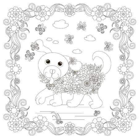 Dog in flowers frame, plant, butterfly. Cartoons animal monochrome art design element for coloring book, coloring pageのイラスト素材