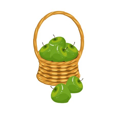 Apple in basket wicker with a vine. Green fruit art design elements object isolated stock vector illustration for web, for printのイラスト素材